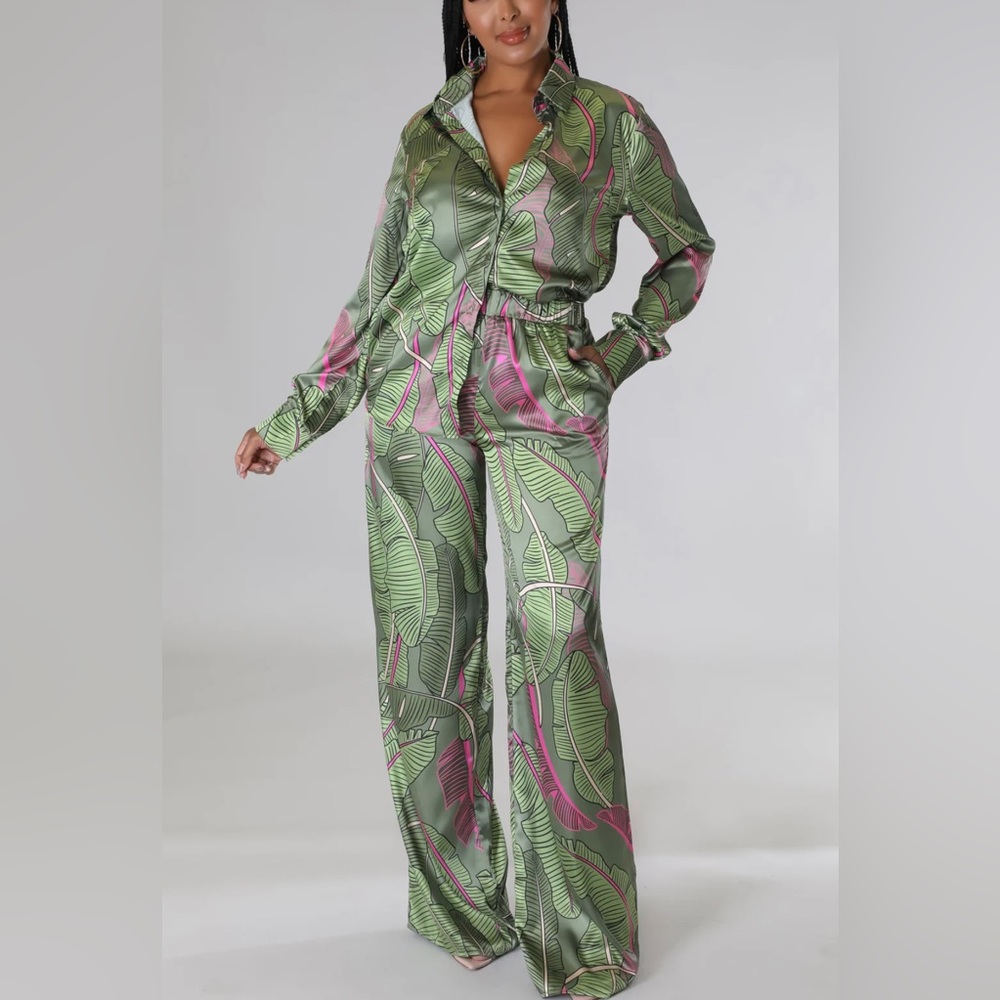 No Stretch. 2pc Set. Wide Legs Pants with Pocket